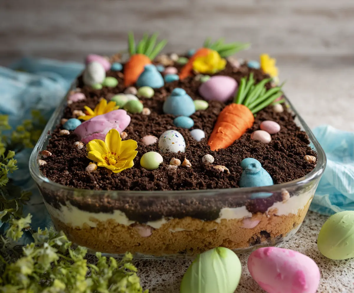 Delicious Easter Dirt Cake layered with chocolate and festive decorations for a holiday treat
