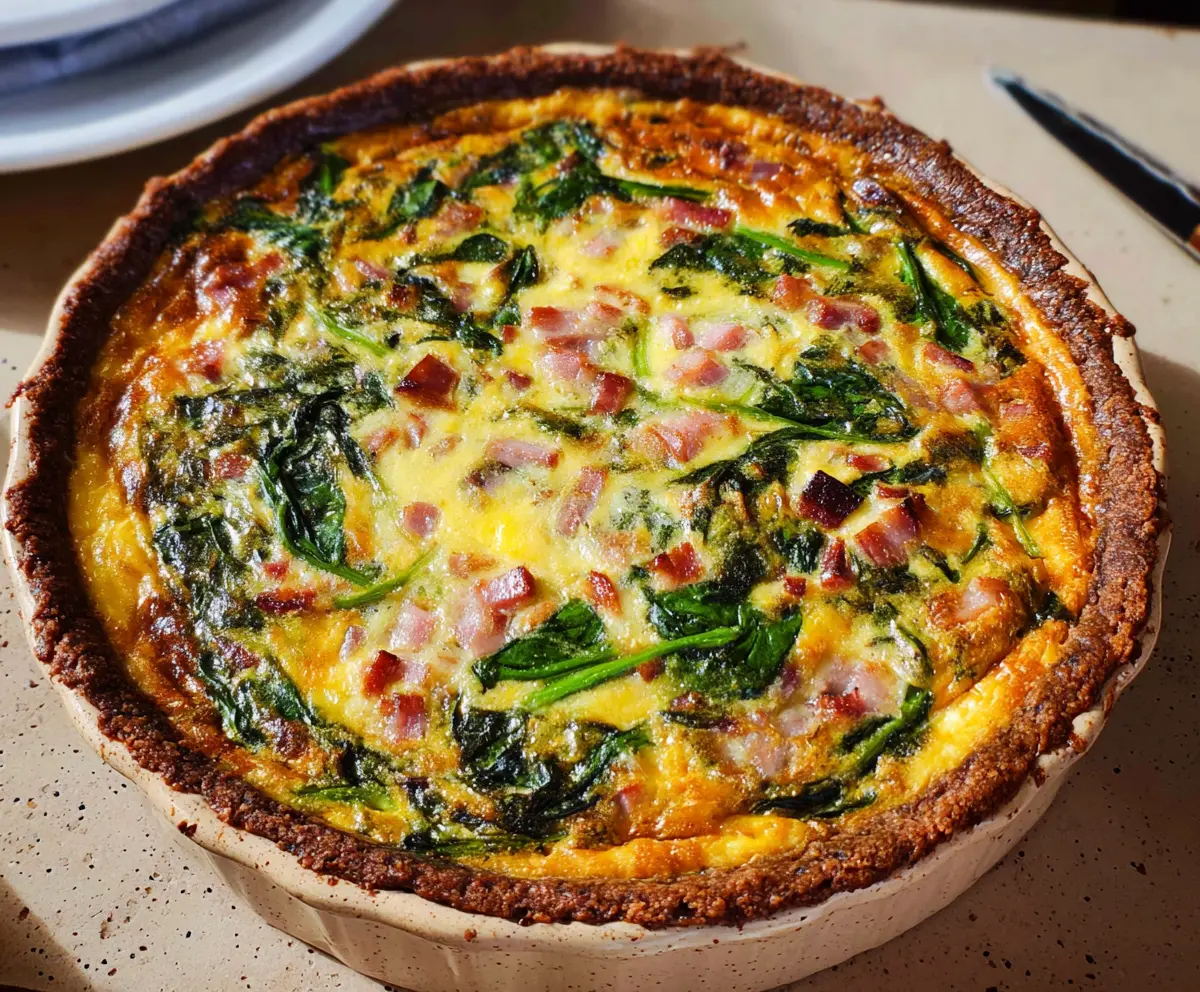 Delicious Easter ham and spinach quiche garnished with fresh herbs, perfect for spring celebrations.