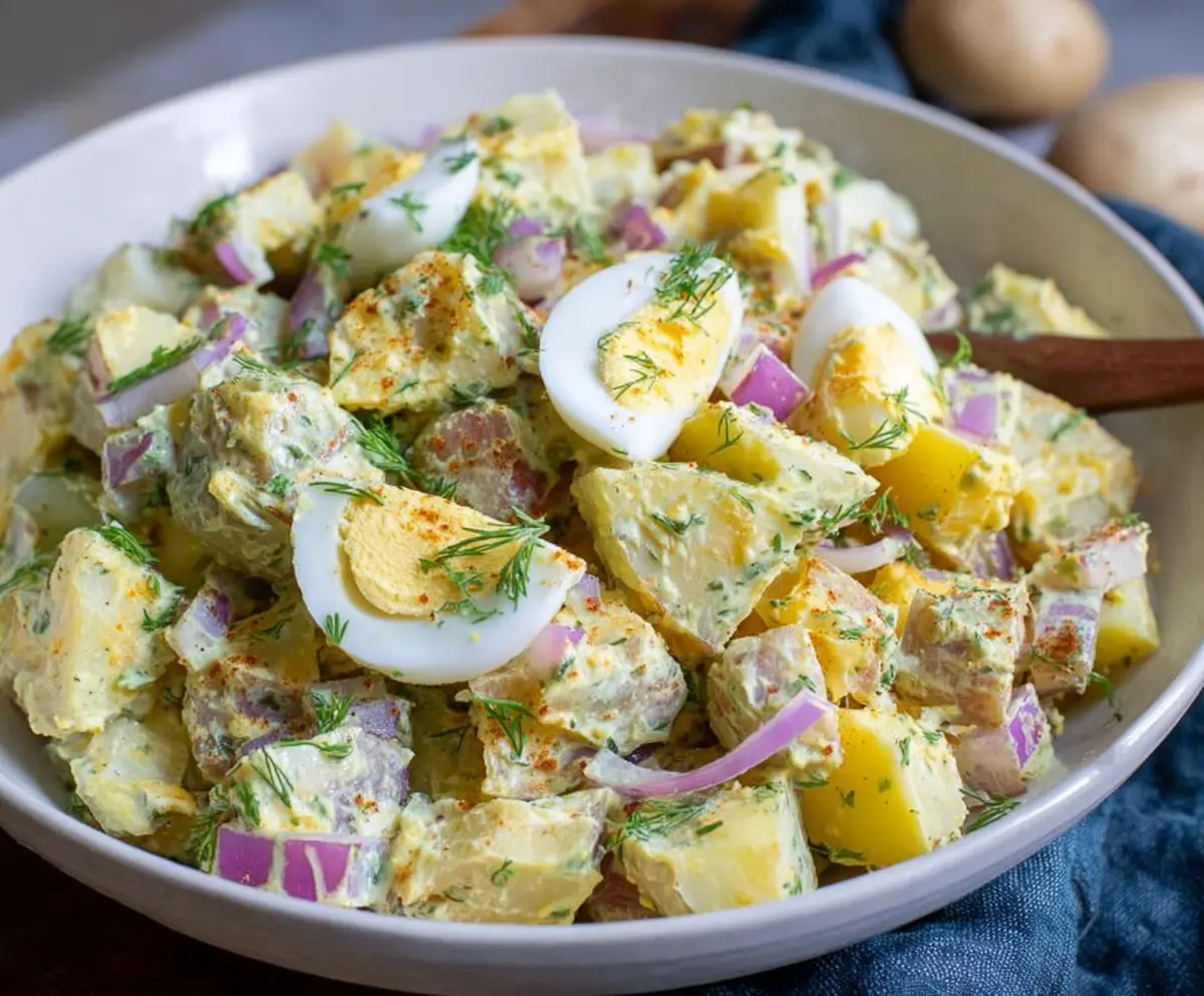 Delicious Easter Potato Salad with colorful vegetables and herbs, perfect for spring celebrations.
