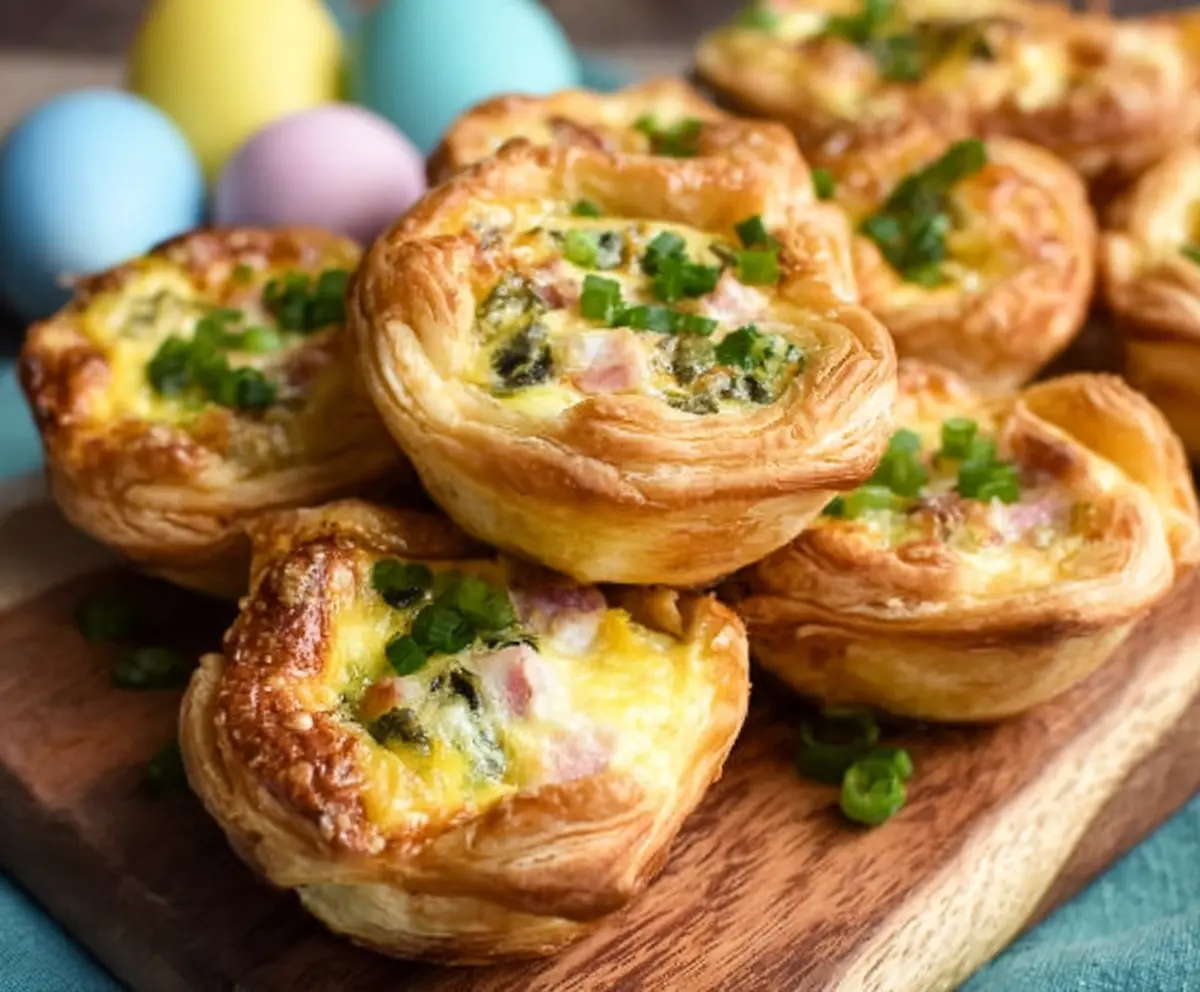 Easter Puff Pastry Quiche Cups filled with colorful vegetables and cheese, perfect for holiday brunch.