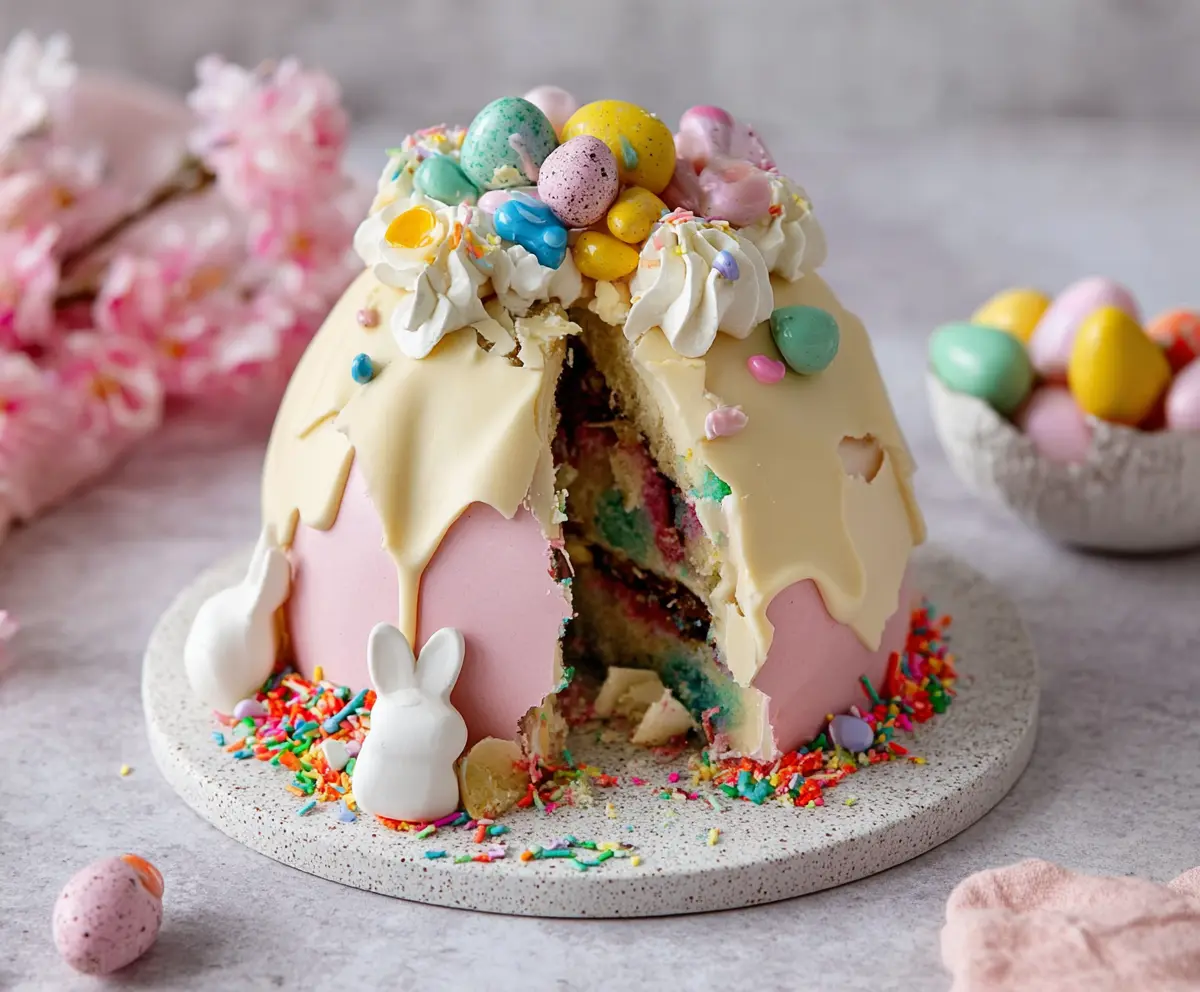Delicious Epic Easter Egg Smash Cake with colorful decorations and candy-filled eggs