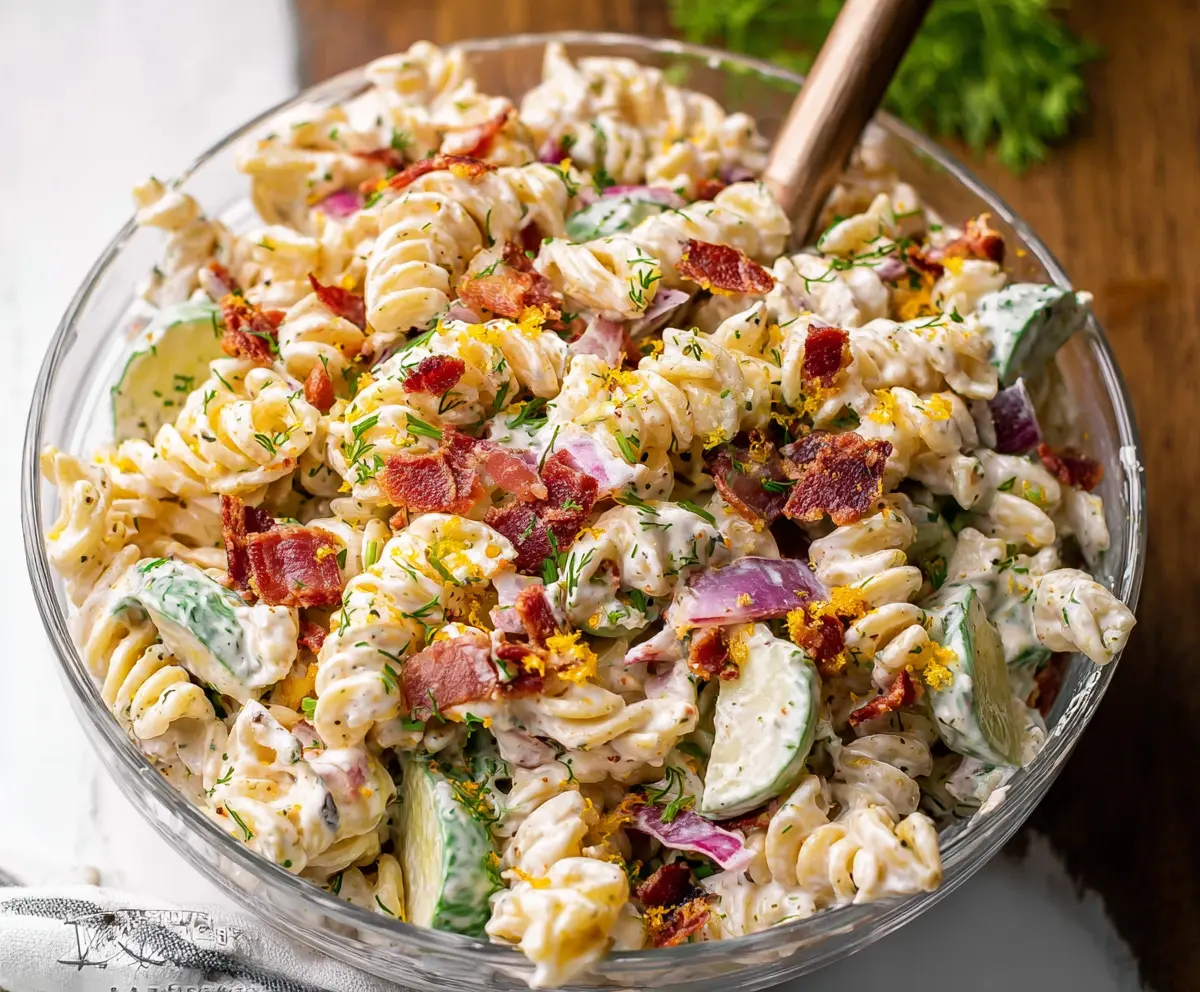 Delicious Fresh Ranch Pasta Salad with Crispy Bacon and Fresh Vegetables