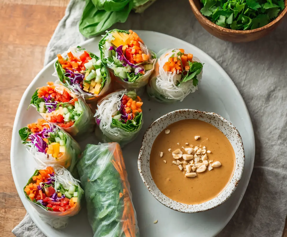 Colorful fresh spring rolls filled with vegetables and herbs with a side of creamy peanut sauce on a white plate.