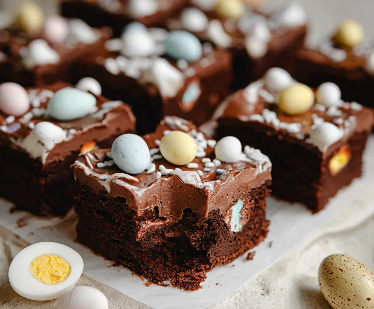 Delicious Frosted Mini Egg Easter Brownies with colorful sprinkles and rich chocolate frosting
