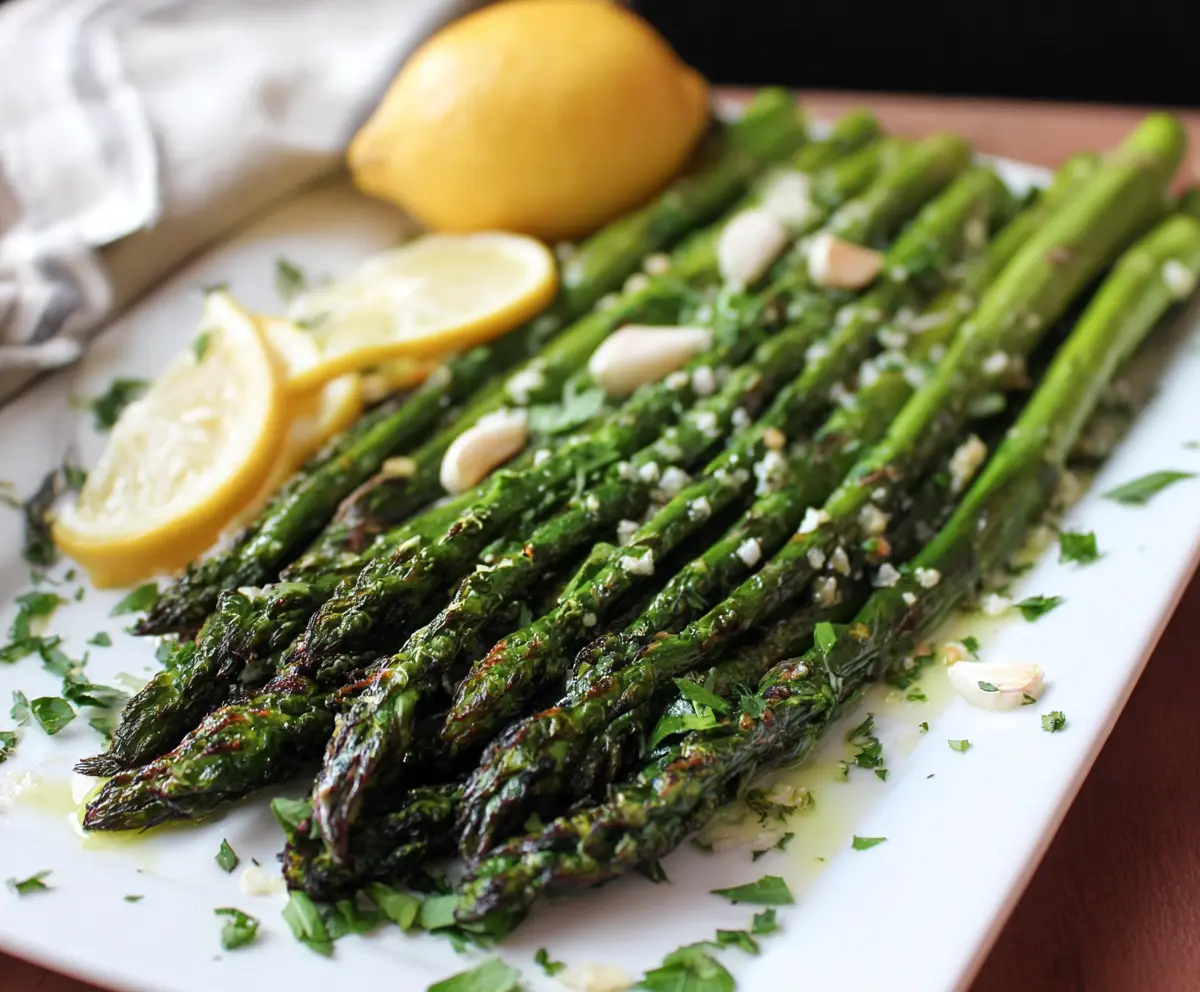Delicious garlic herb roasted asparagus on a serving plate, perfect for healthy side dishes.