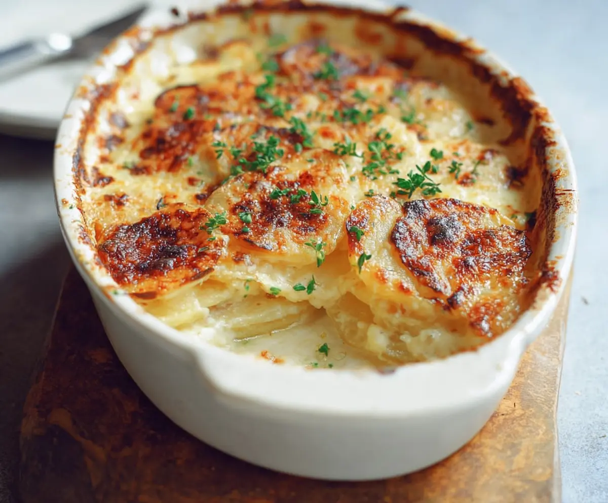 Creamy Gordon Ramsay Potato Gratin served in a rustic dish with golden, crispy top.