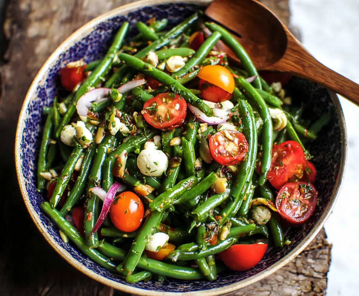 Fresh green bean salad with cherries, feta cheese, and toasted almonds in a glass bowl.