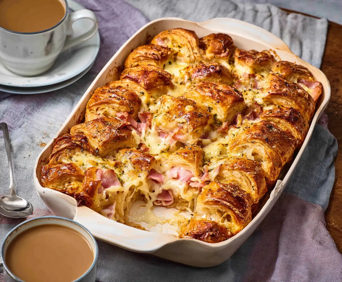 Delicious ham and cheese croissant brunch bake with golden crust and melty cheese