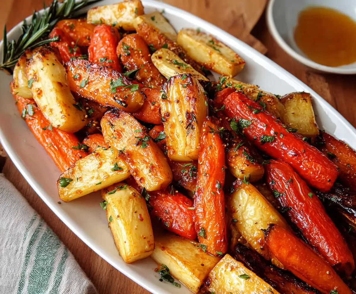 Delicious honey garlic roasted carrots and parsnips served on a white plate