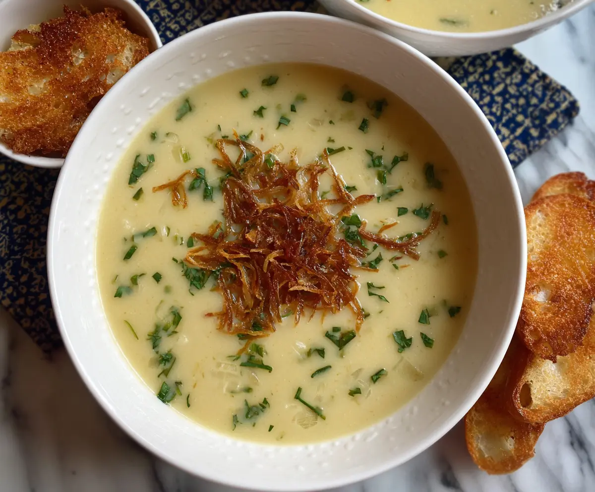 Creamy Ina Garten roasted potato and leek soup in a white bowl, garnished with herbs.