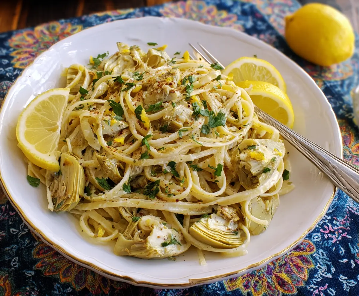Delicious Lemon Artichoke Pasta with fresh lemon slices and artichoke hearts served on a white plate