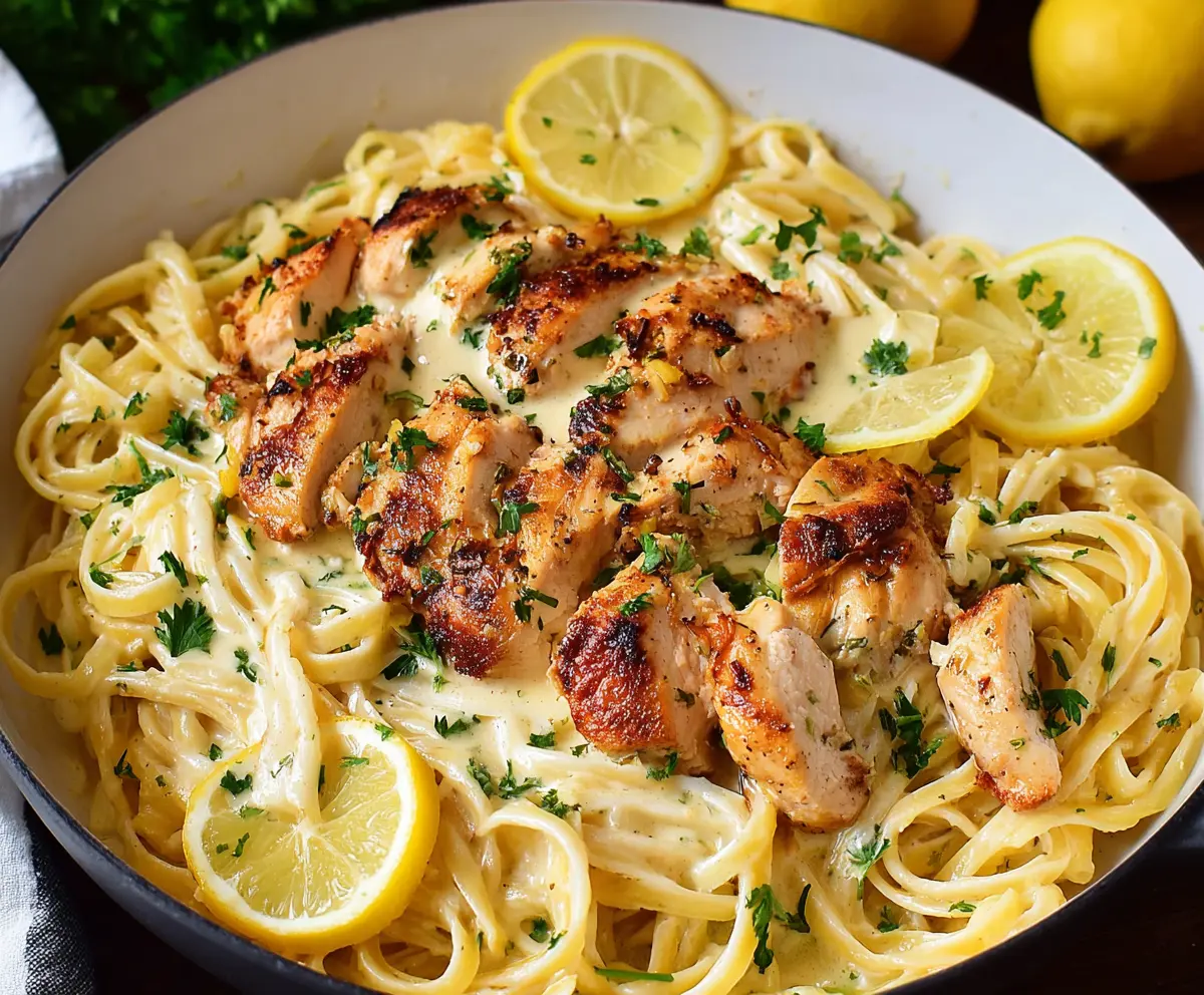 Delicious Lemon Chicken Pasta with fresh lemon slices and herbs on a white plate.