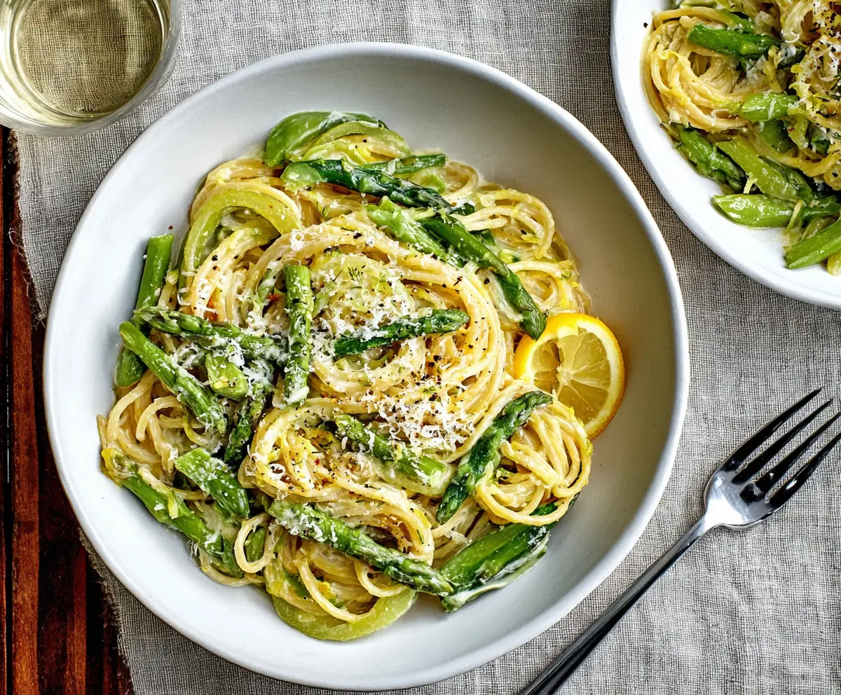 Delicious Lemon Cream Asparagus Pasta with fresh green asparagus and creamy lemon sauce in a bowl.
