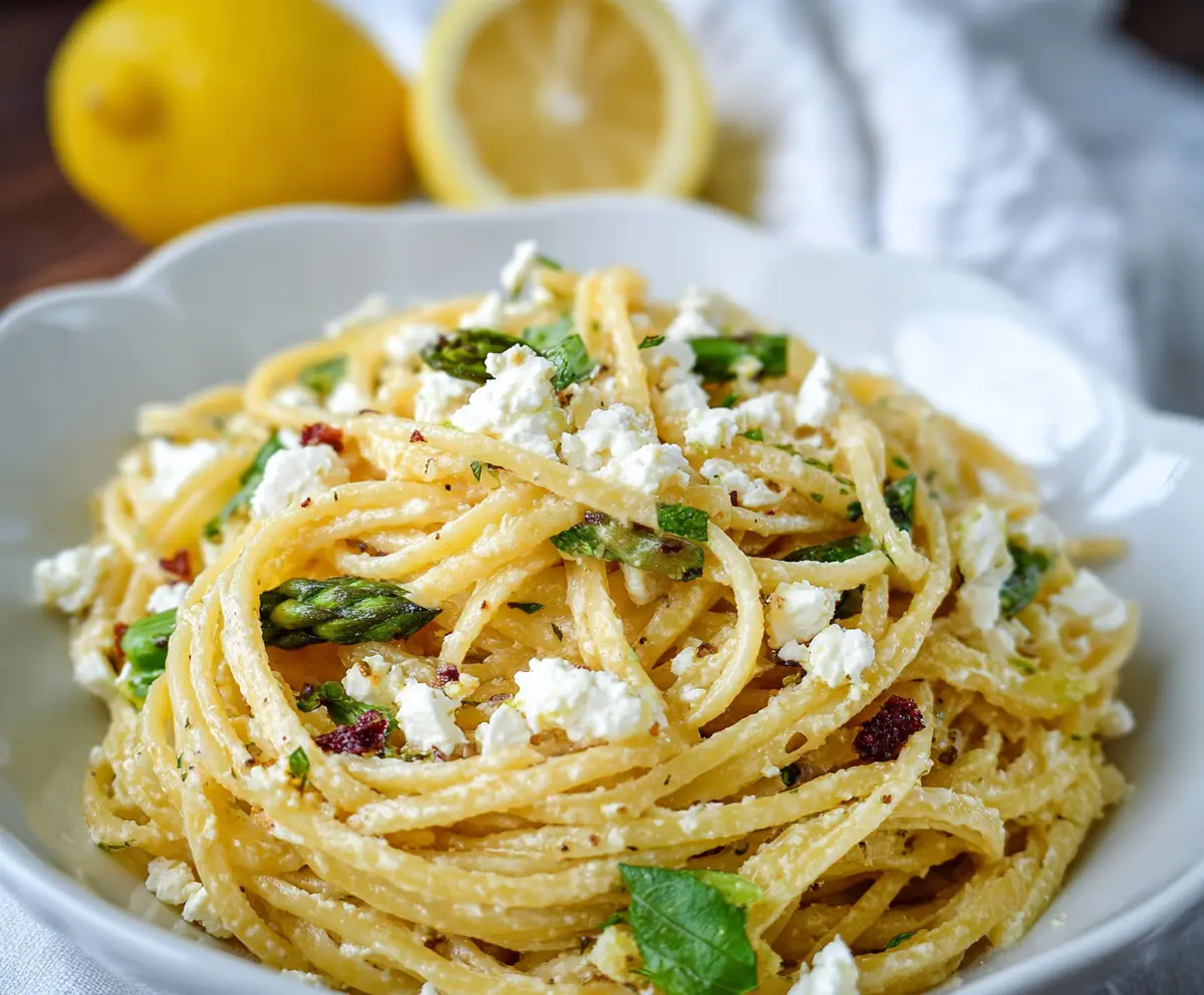 Creamy Lemon Feta Pasta with fresh herbs and zesty lemon slices on a white plate