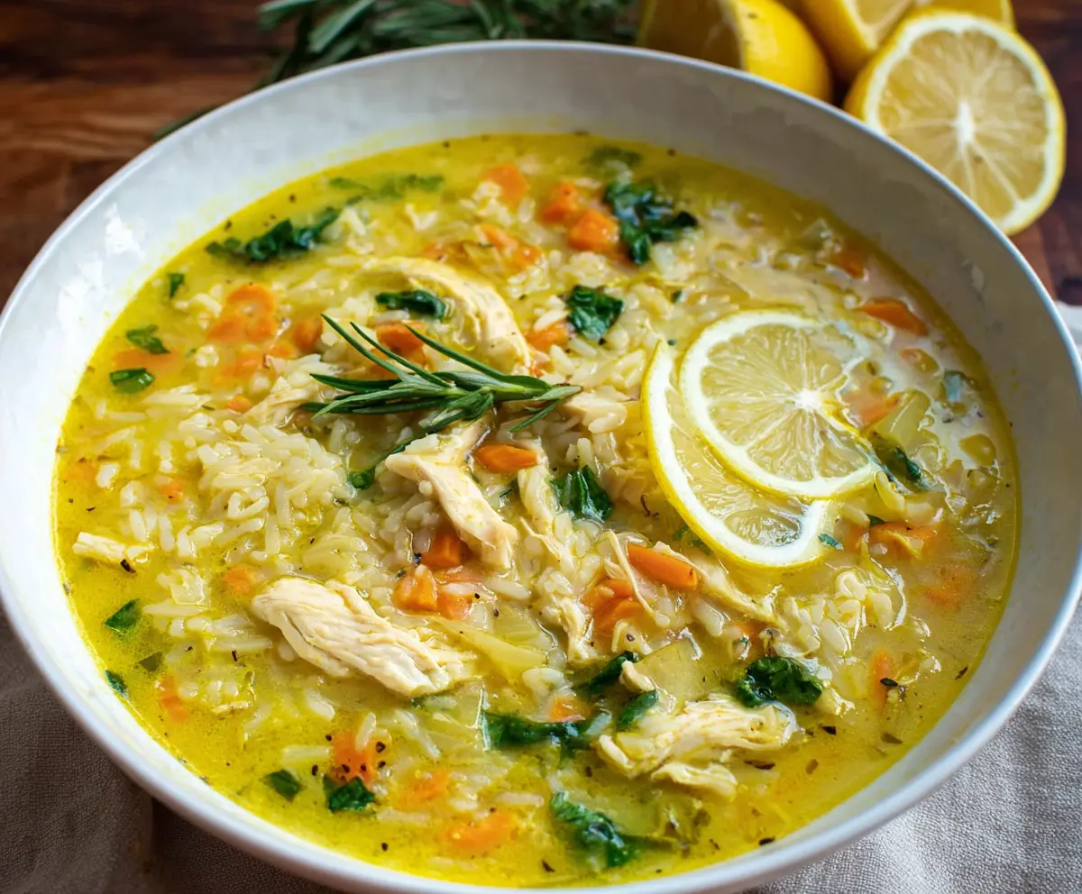 A bowl of Lemon Ginger Turmeric Chicken and Rice Soup garnished with fresh herbs and lemon slices.