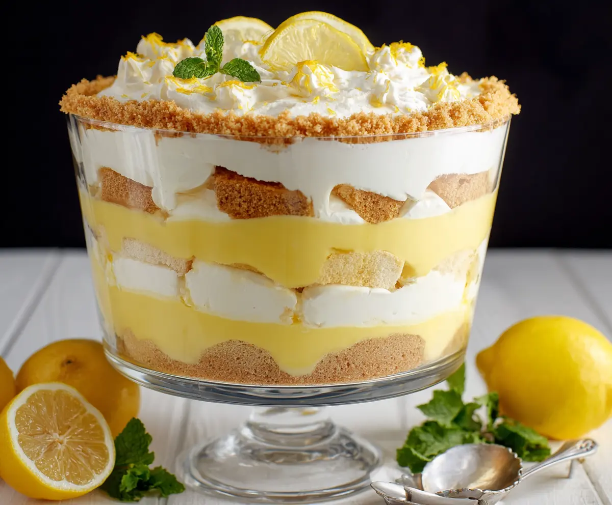 Delicious Lemon Lush Trifle with layers of creamy lemon custard and fluffy whipped topping.