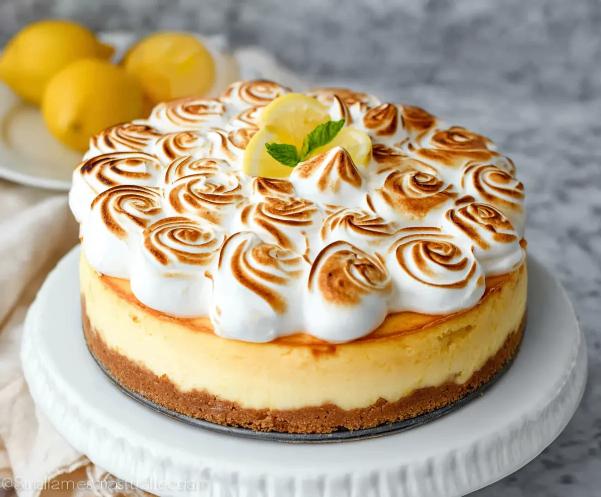 Delicious Lemon Meringue Cheesecake with a golden meringue topping and a zesty lemon filling.