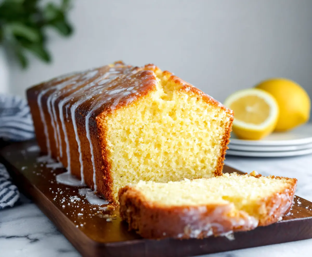 Slice of Lemon Ricotta Pound Cake garnished with lemon zest and fresh berries