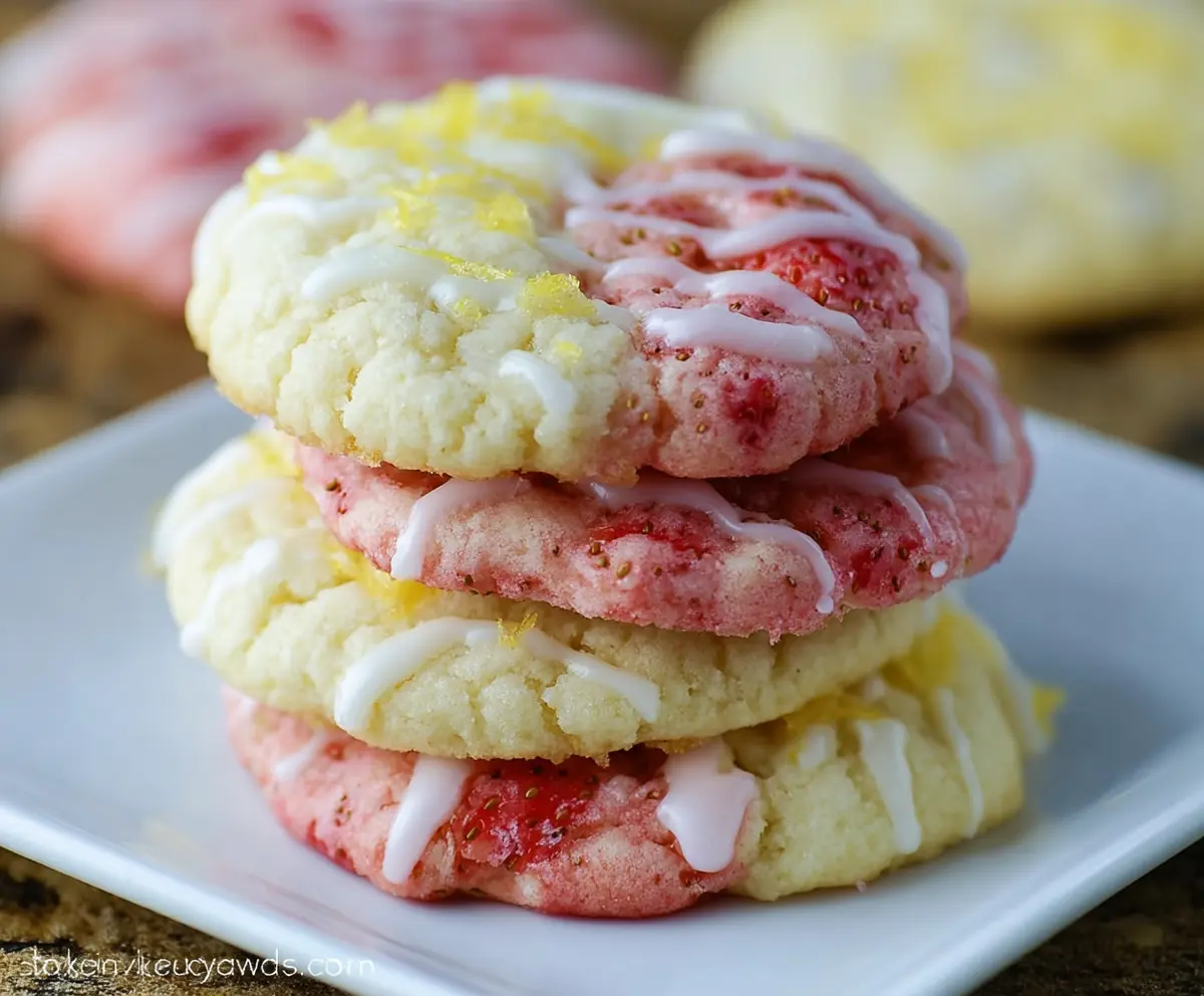 Delicious Lemon Strawberry Cookies with fresh strawberries and zesty lemon flavor on a baking tray.