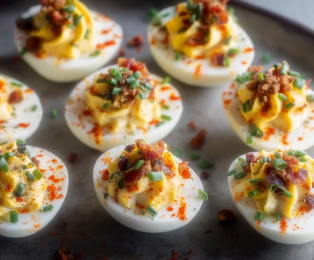 Loaded Deviled Eggs with creamy filling, crispy bacon Bits, and fresh chives on top.