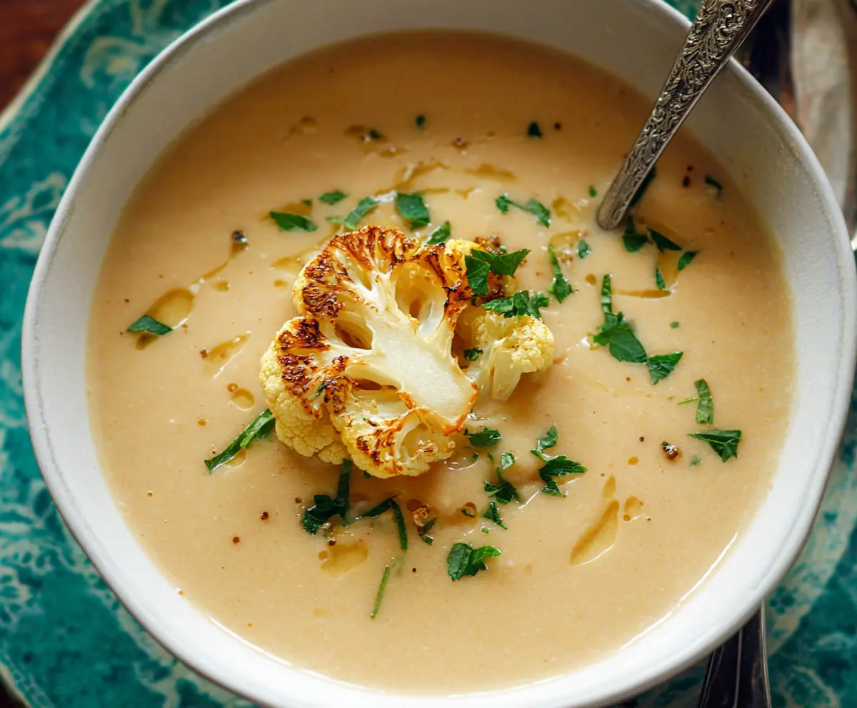 Creamy Mediterranean cauliflower soup garnished with herbs in a bowl, perfect for a healthy appetizer or meal.