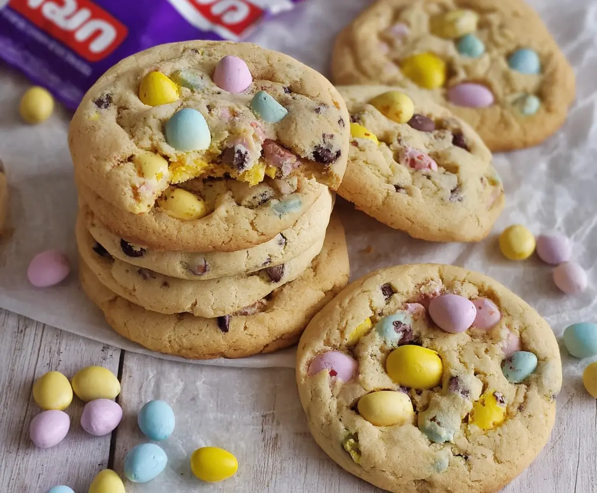 Delicious mini egg cookies with colorful chocolate eggs and golden sprinkles.