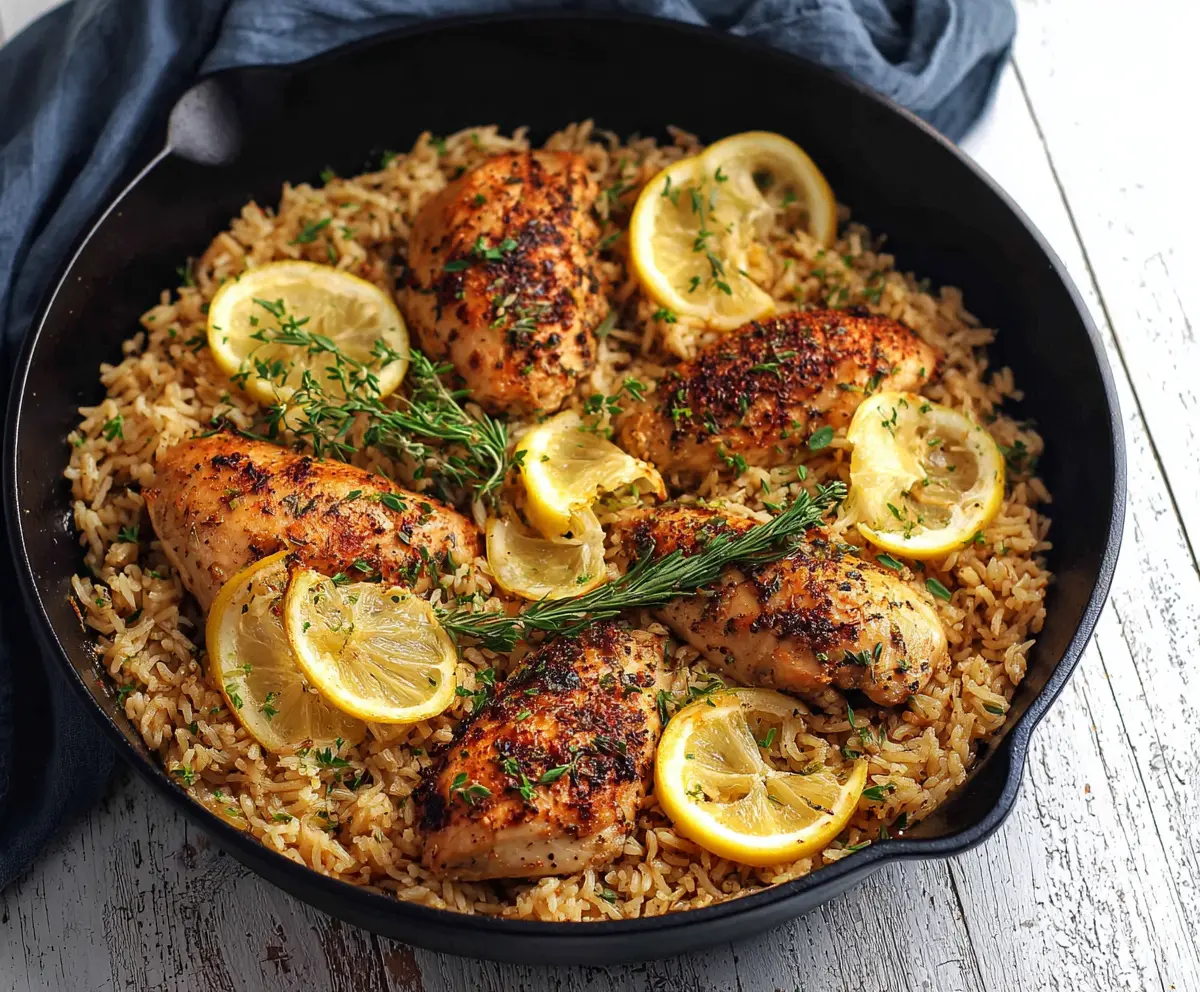 Delicious one pan lemon herb chicken and rice served on a plate with fresh herbs.