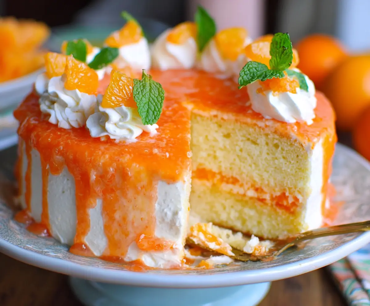 Delicious Orange Creamsicle Cake topped with orange slices and whipped cream, perfect for summer treats.