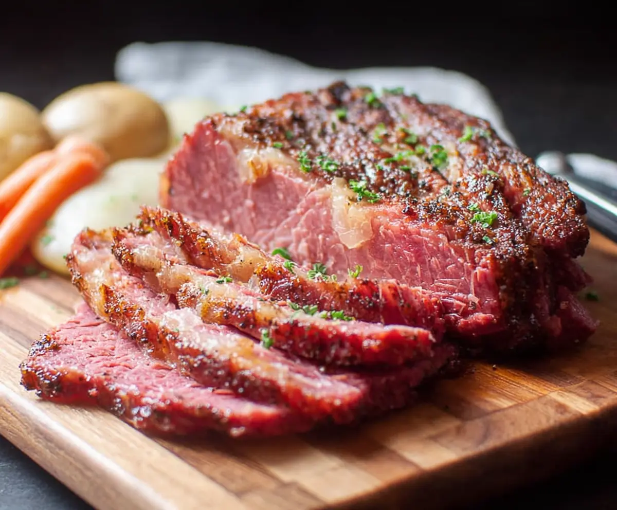 Delicious oven-roasted corned beef served with crispy vegetables on a white plate.