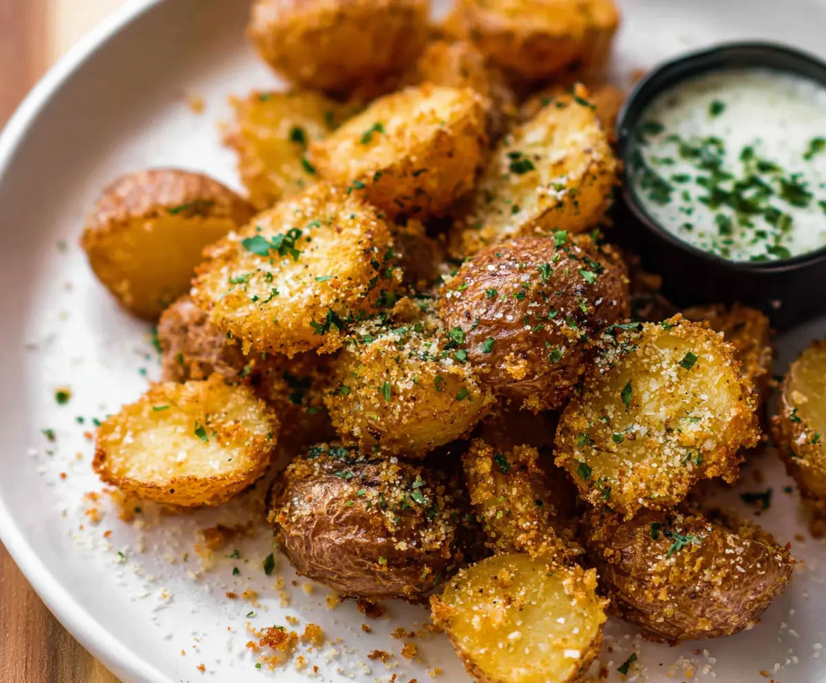 Golden Parmesan crusted baby potatoes served as a savory side dish