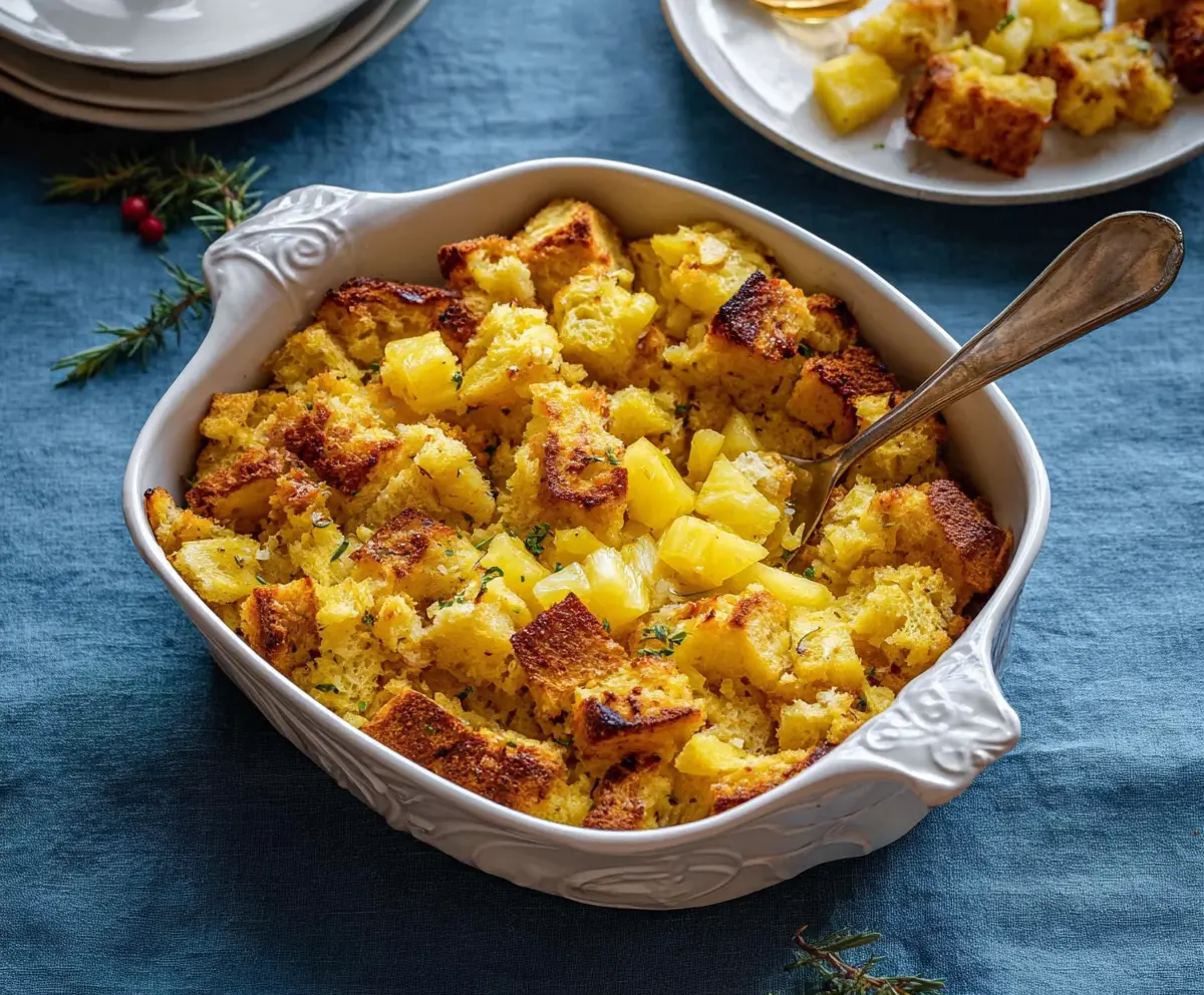 Delicious pineapple stuffing served with holiday dishes for a tropical flavor twist.