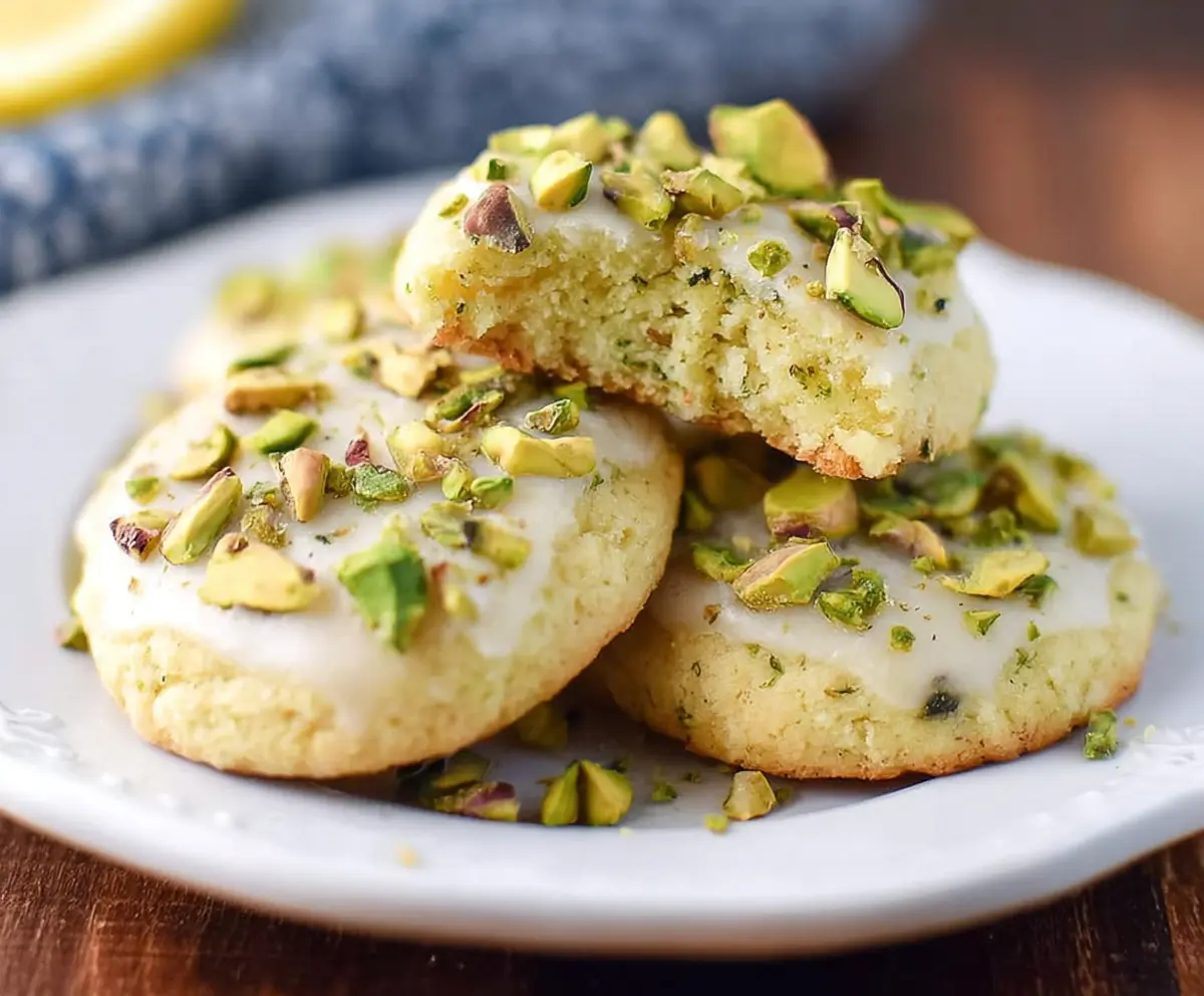 Delicious pistachio lemon cookies on a white plate, showcasing vibrant green and yellow colors.