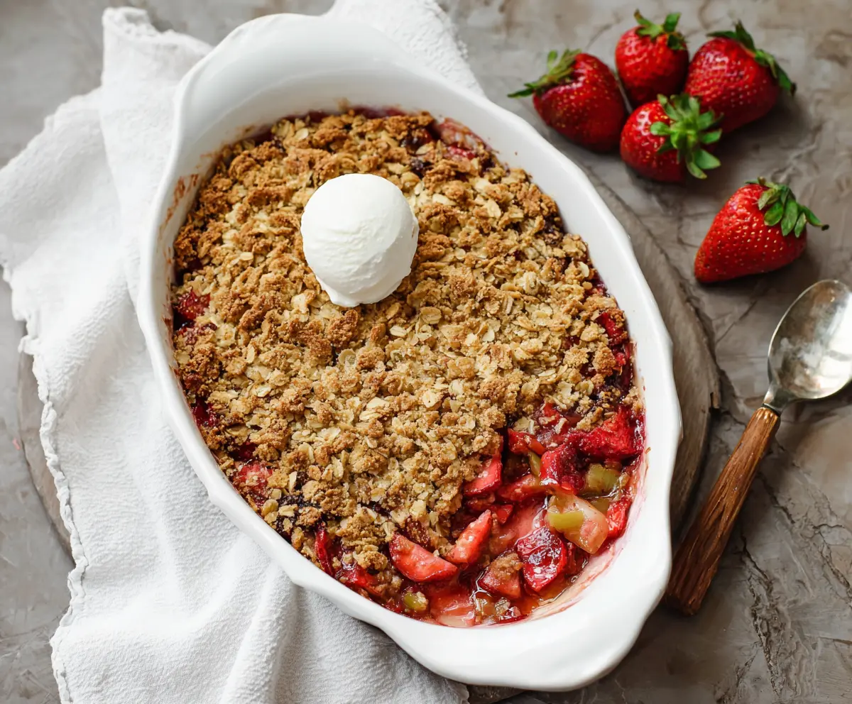 Delicious Rhubarb Strawberry Crisp in a baking dish with fresh strawberries and rhubarb topping