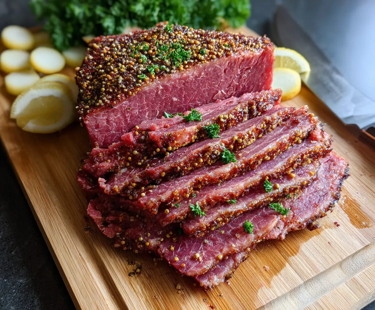 Delicious roasted corned beef served with crispy vegetables and herbs.
