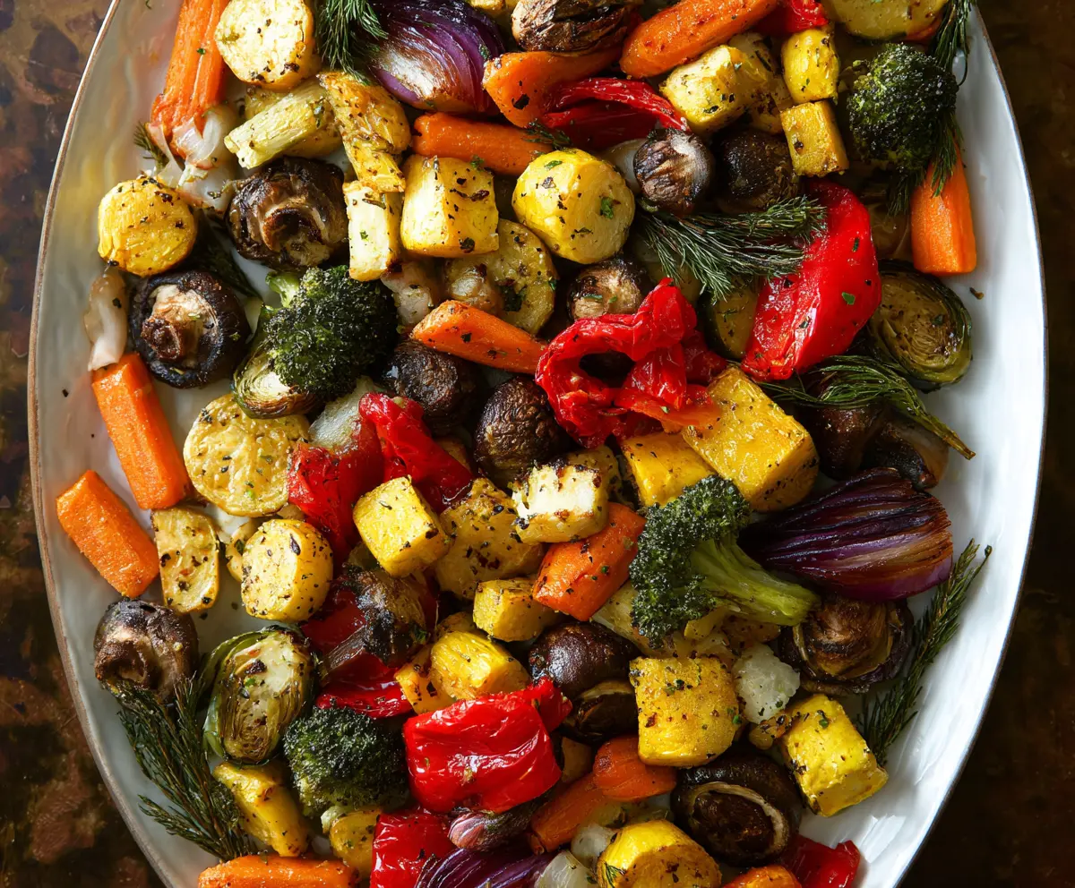 Colorful roasted vegetables including bell peppers, zucchini, and carrots on a baking sheet.