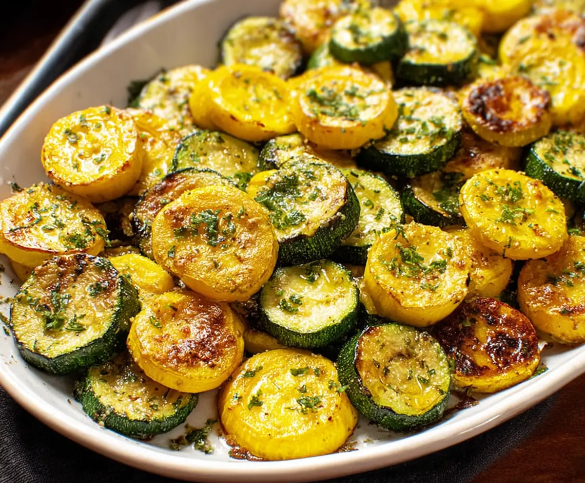 Delicious roasted zucchini and squash dish garnished with herbs, perfect for a healthy meal.