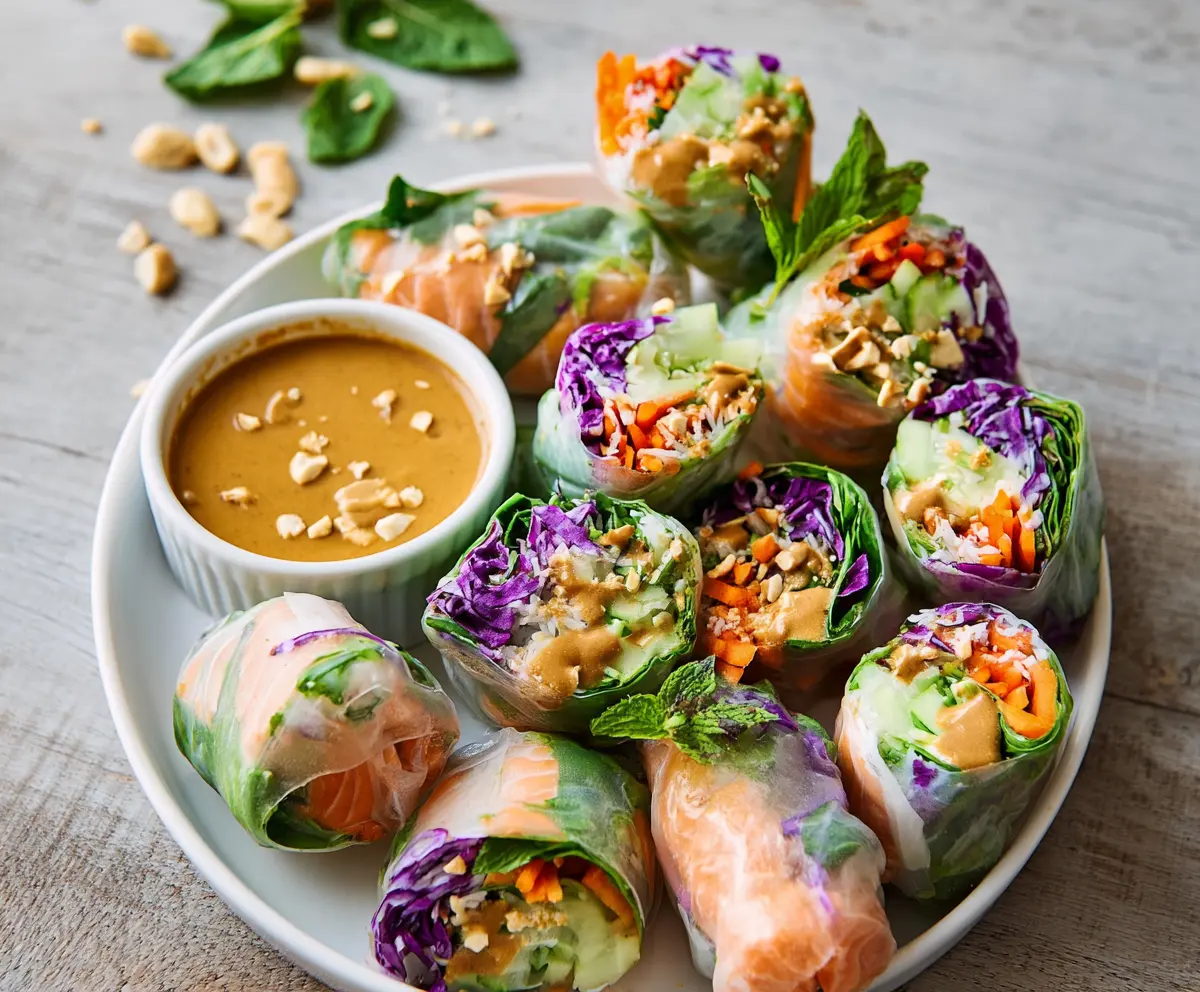 Fresh salmon spring rolls with colorful vegetables and peanut sauce on a white plate.
