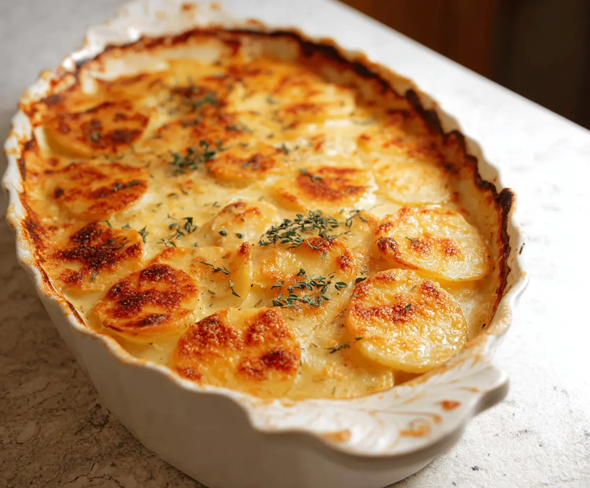 Delicious creamy scalloped potatoes baked to perfection in a cozy dish.