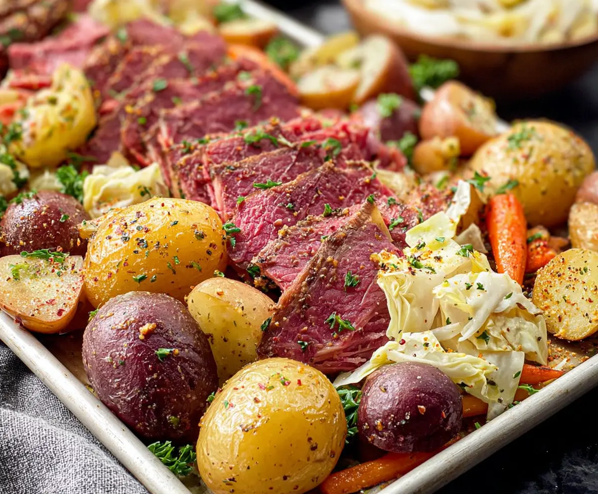 Delicious sheet pan corned beef and cabbage dinner served fresh and hot.