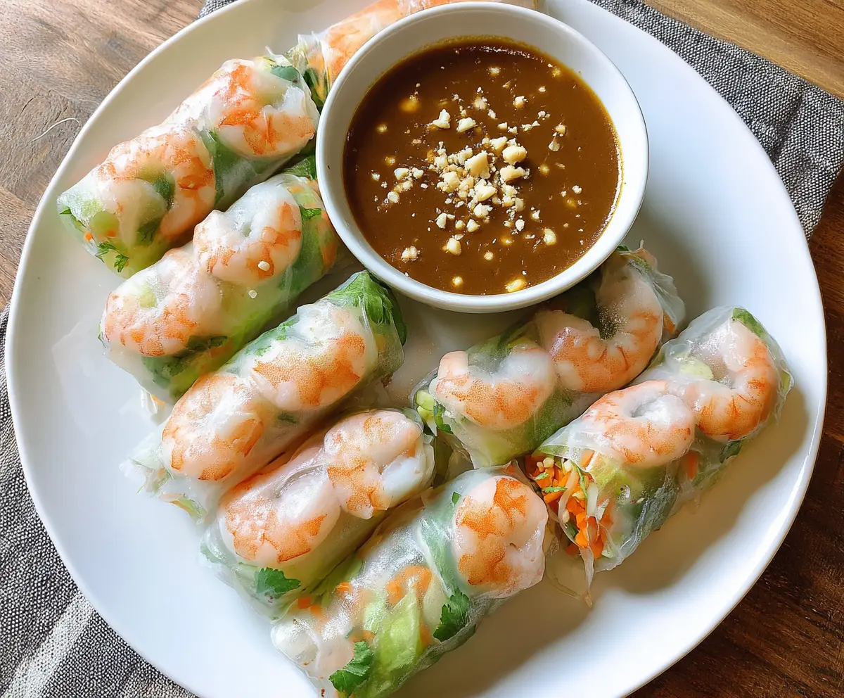 Fresh shrimp spring rolls filled with vegetables and herbs served with creamy peanut sauce.