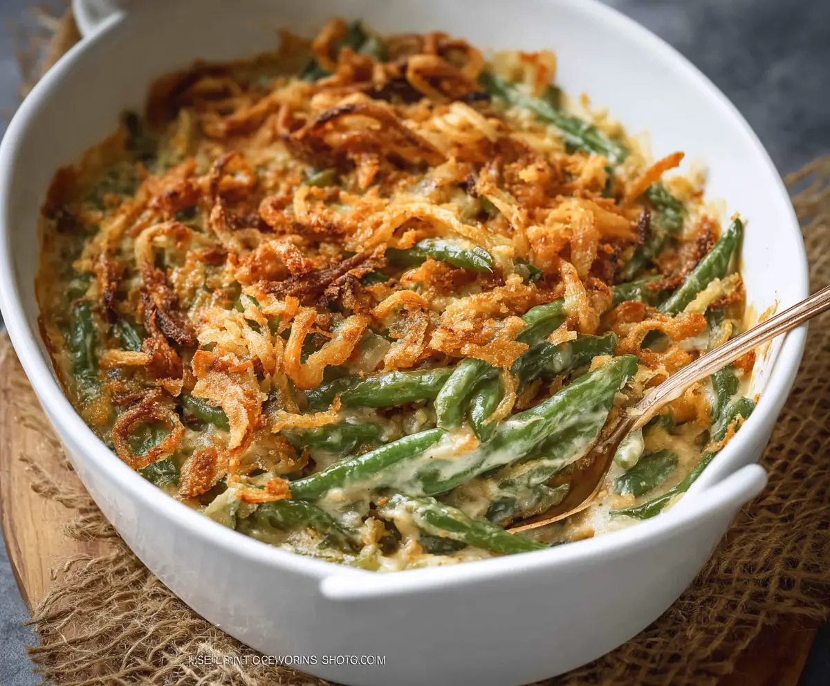 Delicious simple green bean casserole topped with crispy fried onions for a classic holiday side dish.