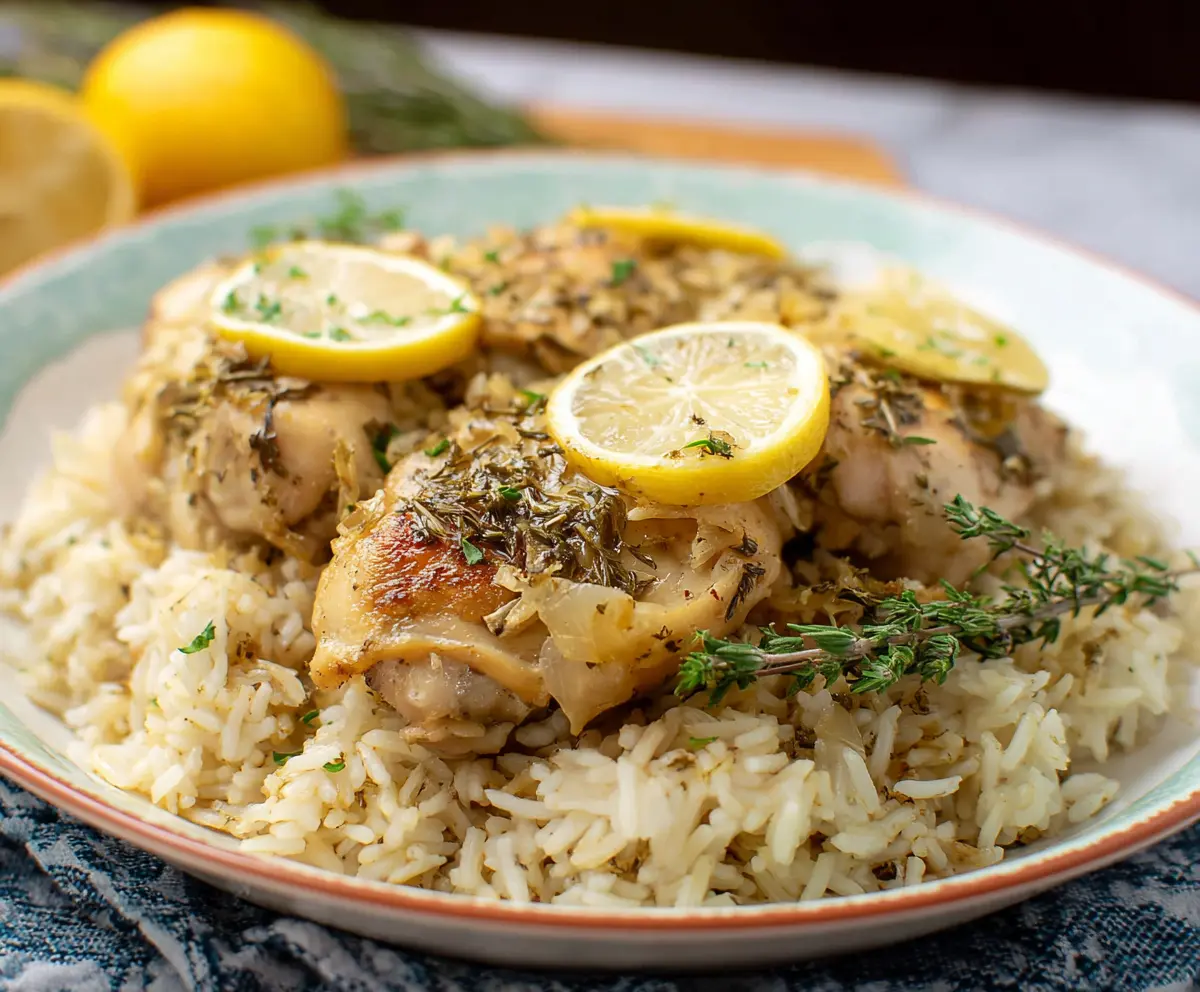 Slow Cooker Lemon Herb Chicken and Rice dish garnished with fresh herbs and lemon slices.