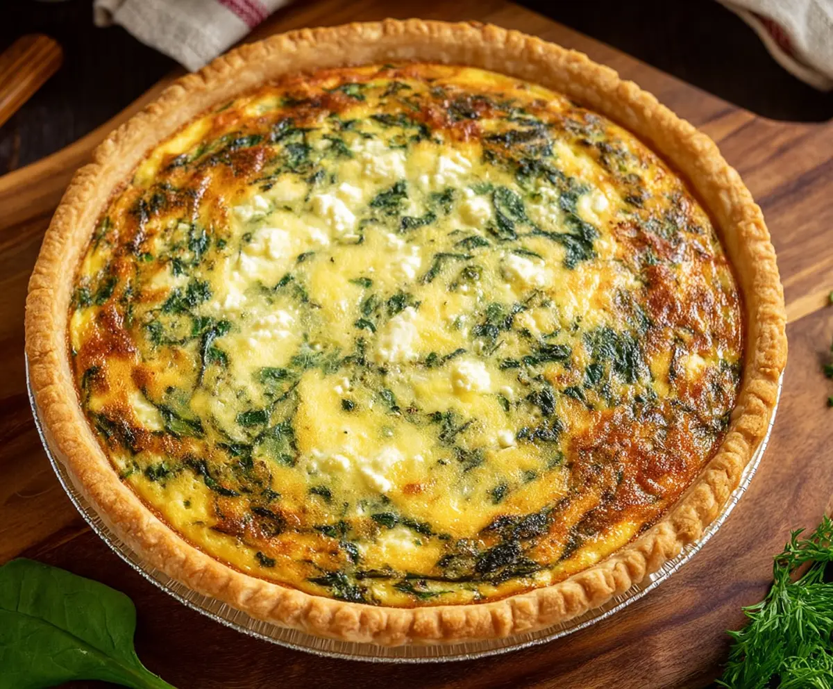 Delicious spinach and feta cheese quiche served hot on a plate, showcasing a golden crust and fresh green spinach filling.