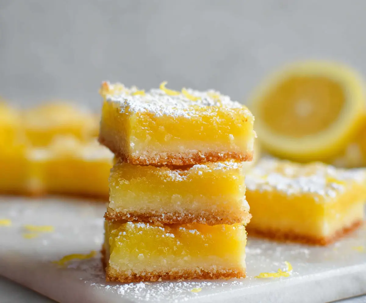 Freshly baked spring lemon bars with a bright lemon glaze and powdered sugar topping.