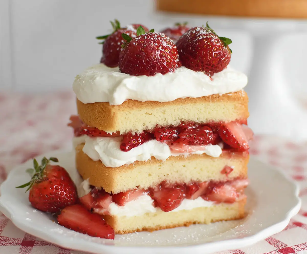 Delicious strawberry shortcake with fresh strawberries and whipped cream on a white plate