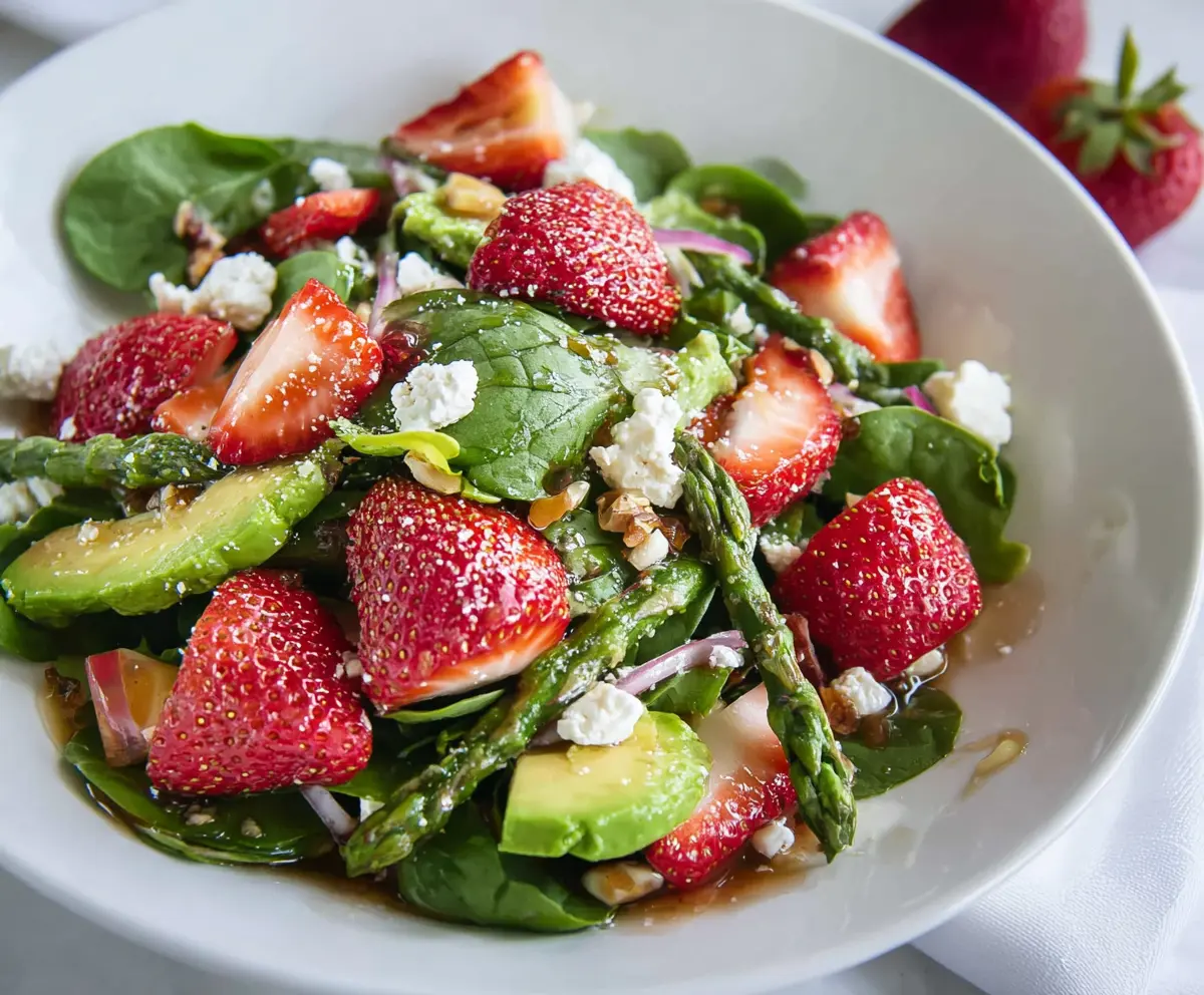 Fresh Strawberry Spring Salad with mixed greens, feta cheese, and a balsamic glaze.