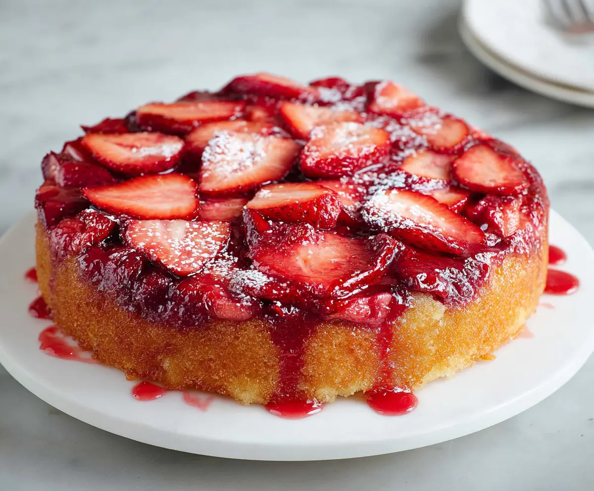 Delicious Strawberry Upside Down Cake with fresh strawberries and caramelized topping