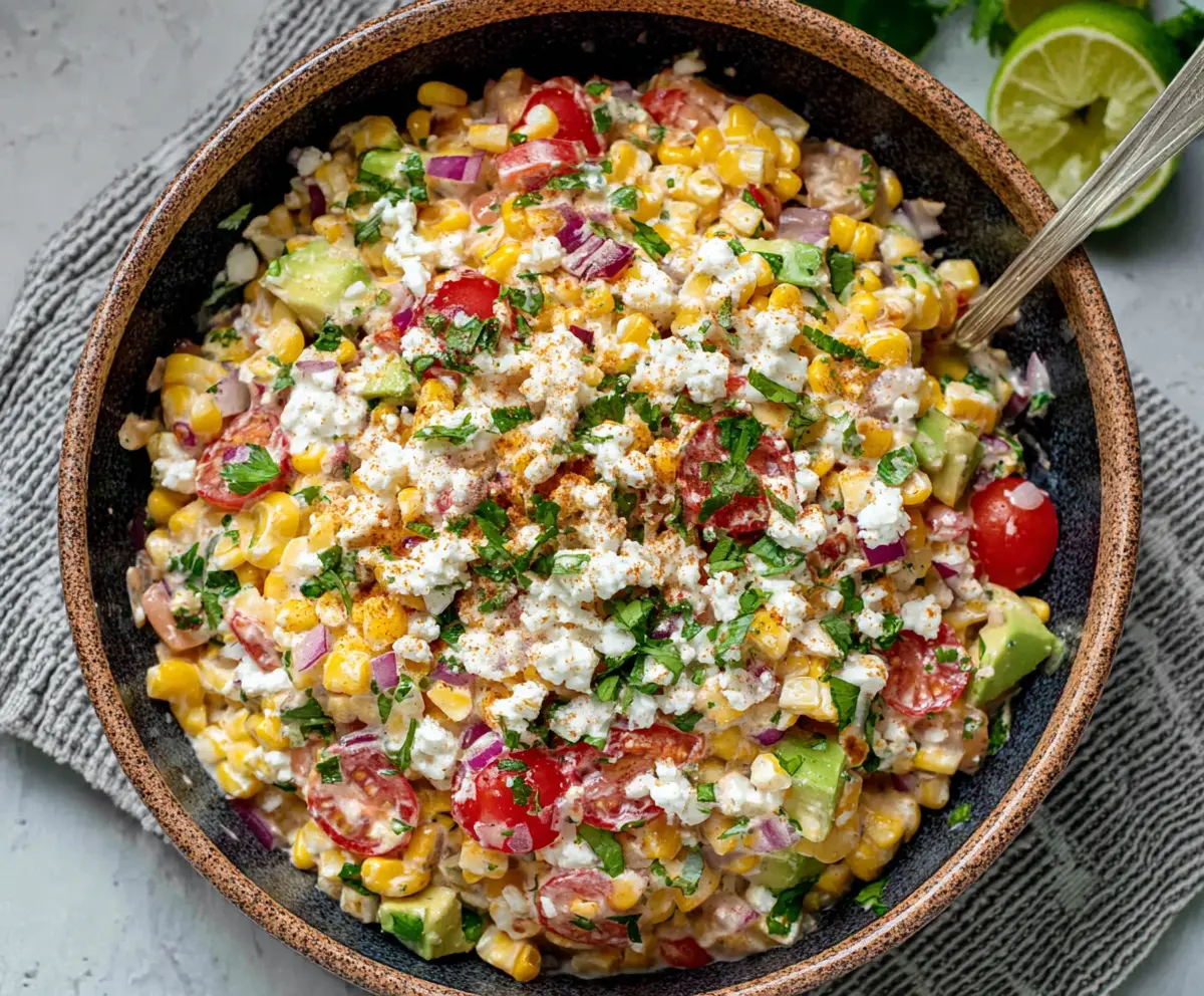 Colorful street corn salad with Greek yogurt and fresh herbs in a bowl, perfect for summer side dishes.