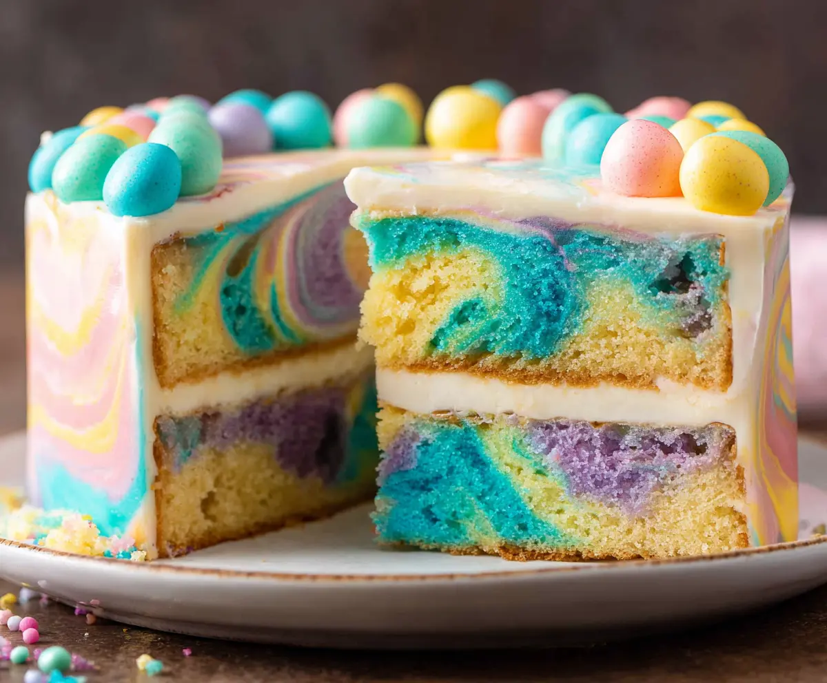 Colorful swirled Easter cake with vibrant frosting and decorative sprinkles for a festive celebration.