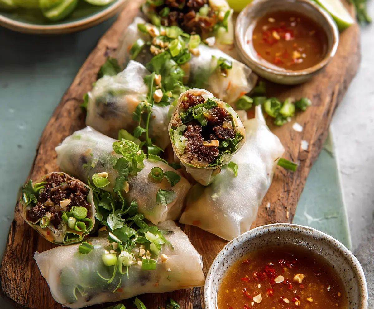 Fresh Thai beef spring rolls packed with vegetables and herbs, served with a dipping sauce.